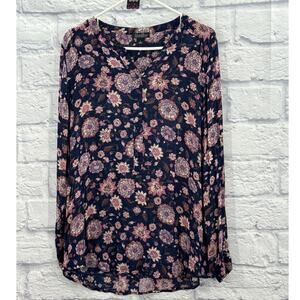 Lucky Brand Women's Thin Large Long sleeved Partial Button Navy Floral